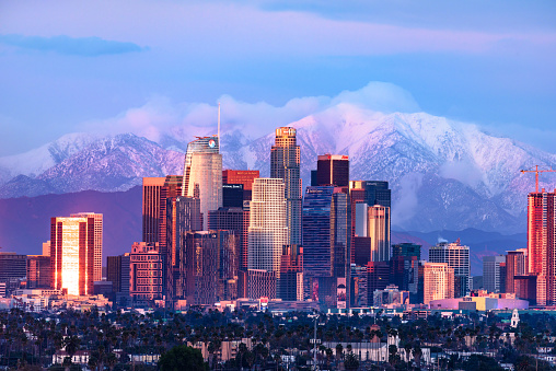 Downtown Los Angeles, with snow on mountains