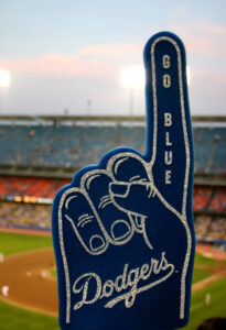 Dodger fan at baseball game