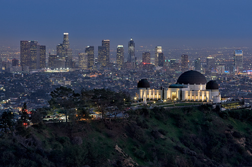 Downtown Los Angeles with Griffith Park Observatory in foreground