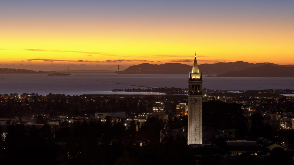 Sunset on San Francisco Bay. Campanile in foreground.