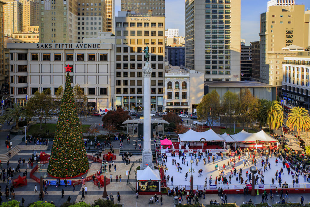 Macy's Tree and holiday ice skating rink at Union Square in San Francisco